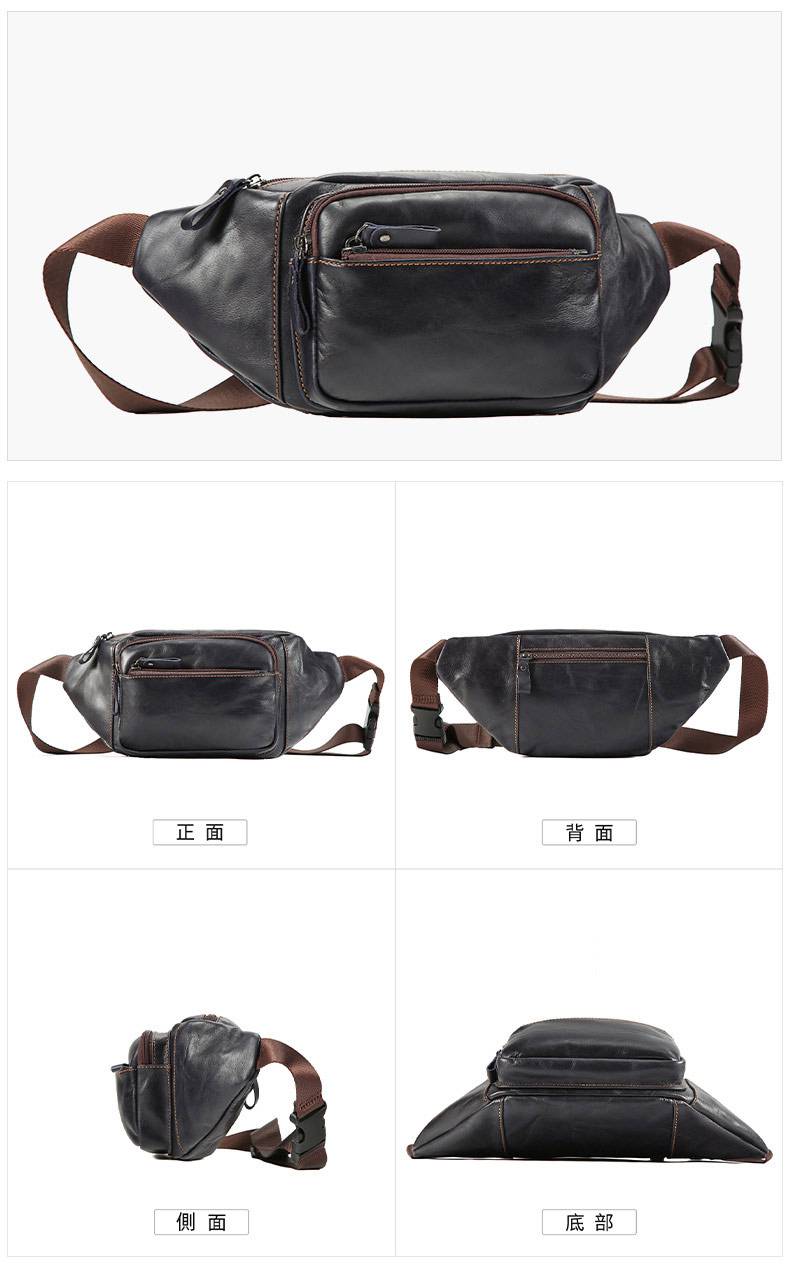 頭層牛皮真皮腰包 油蠟皮戶外休閒運動胸包斜背包 手機包高級感黑色多功能斜挎包推薦 真皮包包