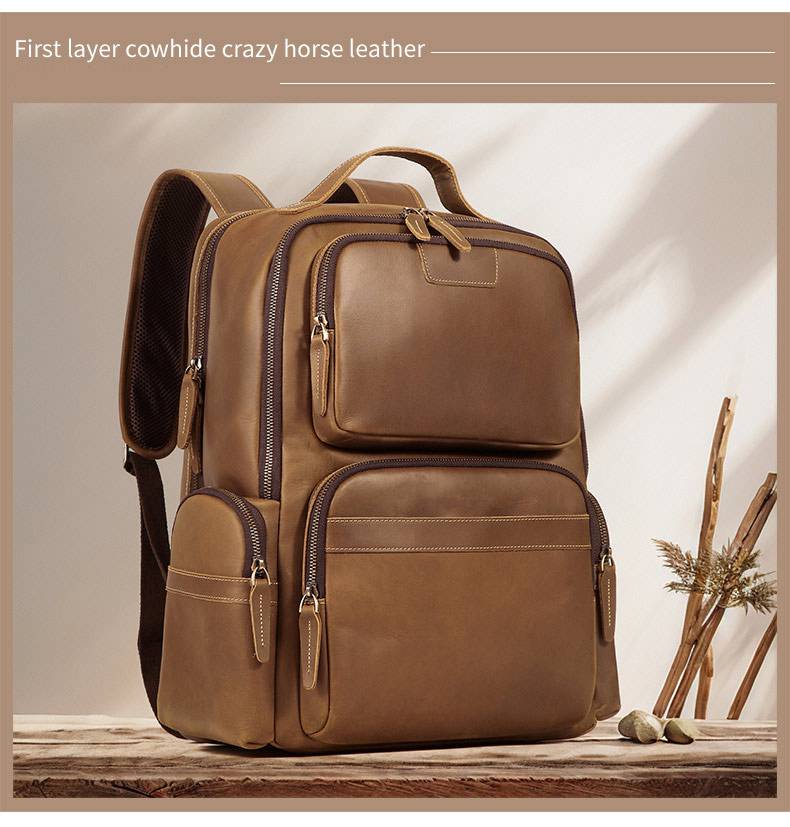 新款頭層牛皮後背包 瘋馬皮商務雙肩包 高檔真皮男士旅行背包 多功能休閒通勤包包旅行包推薦 真皮包包