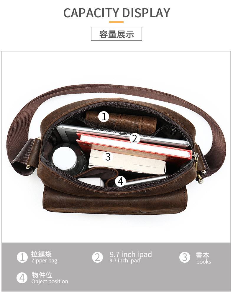 新款復古拉鏈單肩包 商務通勤頭層牛皮斜挎包 男款真皮包包 男士斜挎單肩包斜背包推薦 真皮包包