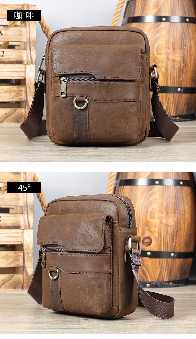 新款復古拉鏈單肩包 商務通勤頭層牛皮斜挎包 男款真皮包包 男士斜挎單肩包斜背包推薦 真皮包包