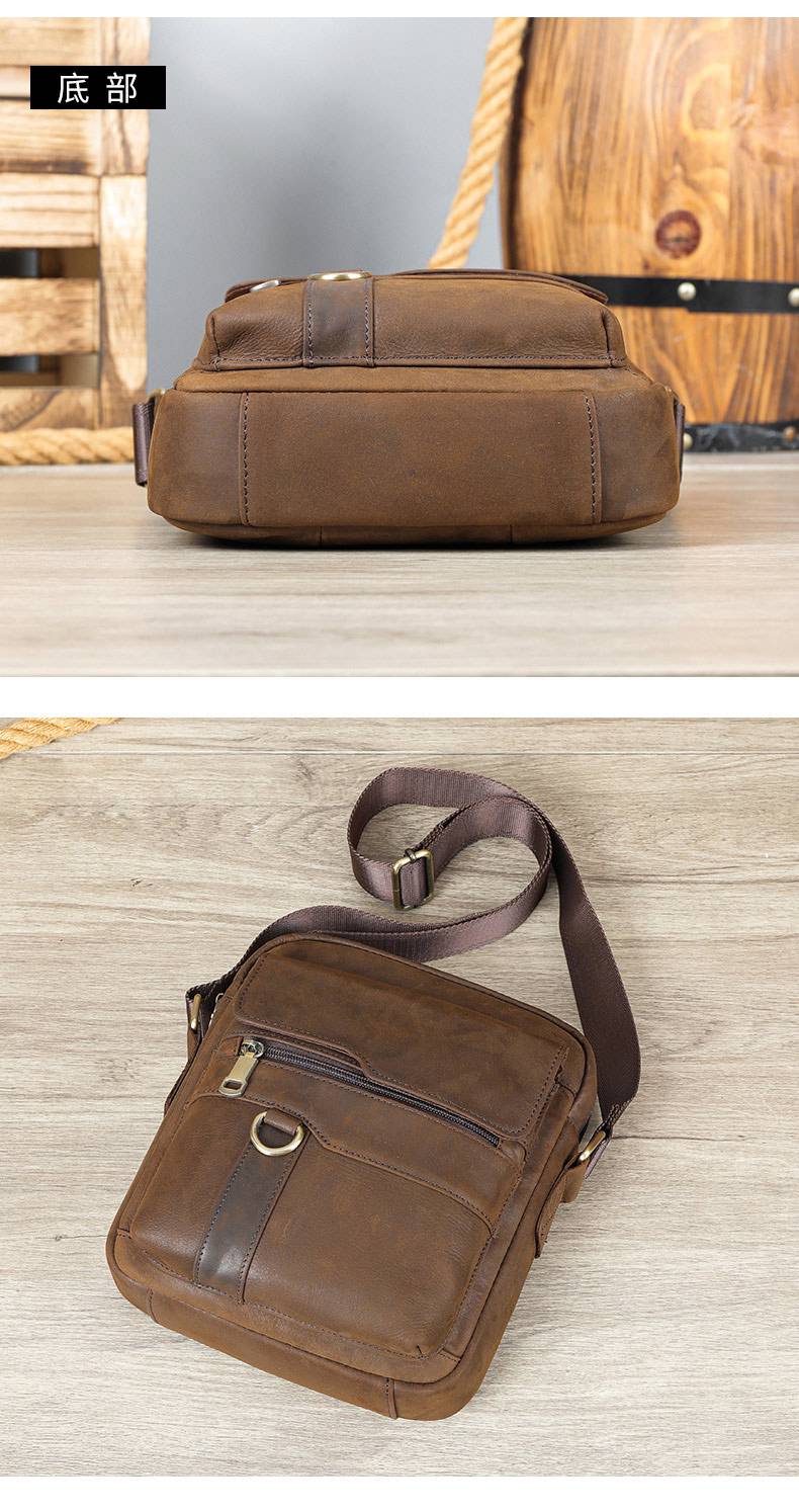 新款復古拉鏈單肩包 商務通勤頭層牛皮斜挎包 男款真皮包包 男士斜挎單肩包斜背包推薦 真皮包包