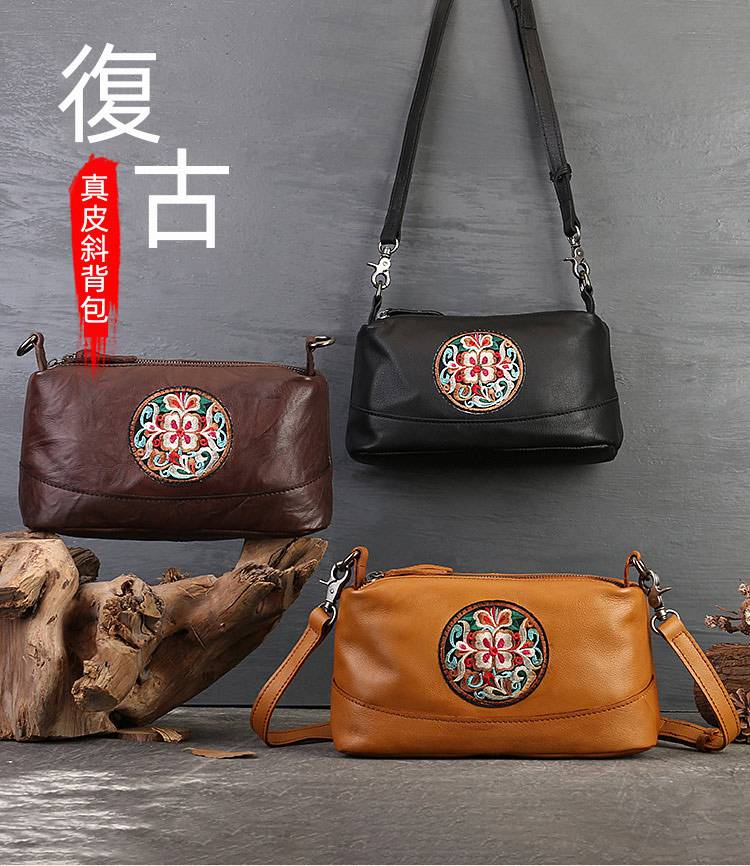 新款刺繡枕頭包 真皮斜背包女包側背包單肩背包 新款大容量復古民族風刺繡斜挎包推薦 真皮包包