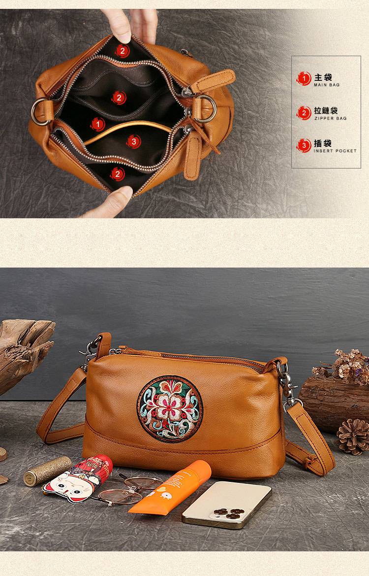 新款刺繡枕頭包 真皮斜背包女包側背包單肩背包 新款大容量復古民族風刺繡斜挎包推薦 真皮包包