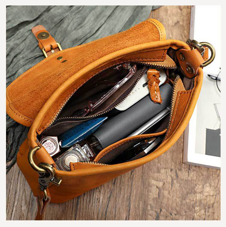 新款復古文藝范女包 手工植鞣皮斜背包 簡約軟皮真皮斜挎包單肩背包側背包推薦 真皮包包