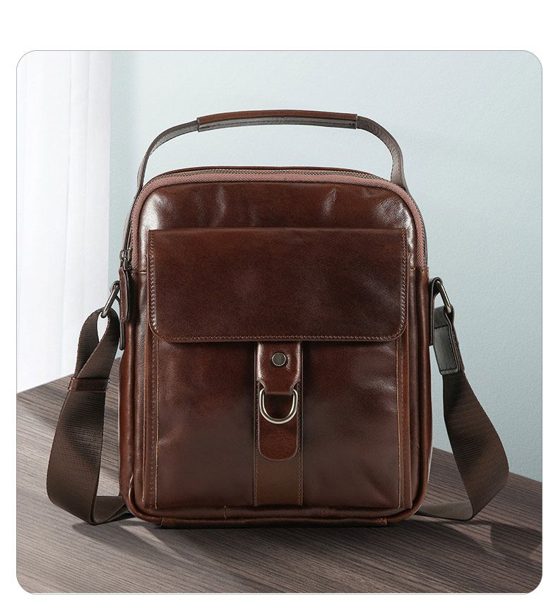 新款男士真皮斜挎包 油蠟皮休閒通勤豎款單肩包 頭層牛皮包包 休閒百搭斜背包手提包推薦 真皮包包