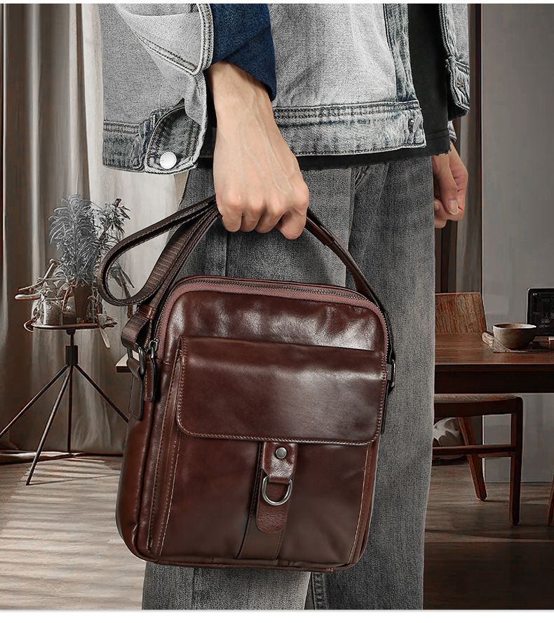 新款男士真皮斜挎包 油蠟皮休閒通勤豎款單肩包 頭層牛皮包包 休閒百搭斜背包手提包推薦 真皮包包