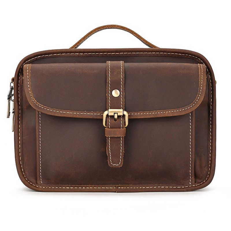 復古瘋馬皮手提包斜背包 頭層牛皮肩背包側背包 男士斜跨包手機包 新款真皮包包推薦 真皮包包