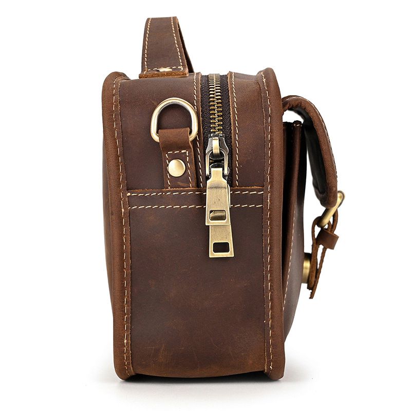 復古瘋馬皮手提包斜背包 頭層牛皮肩背包側背包 男士斜跨包手機包 新款真皮包包推薦 真皮包包