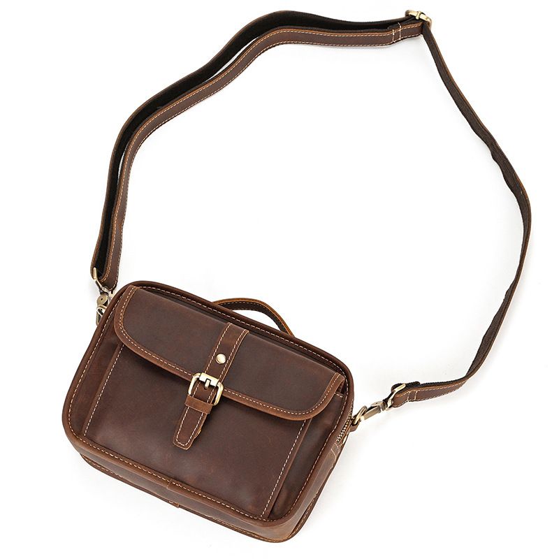 復古瘋馬皮手提包斜背包 頭層牛皮肩背包側背包 男士斜跨包手機包 新款真皮包包推薦 真皮包包