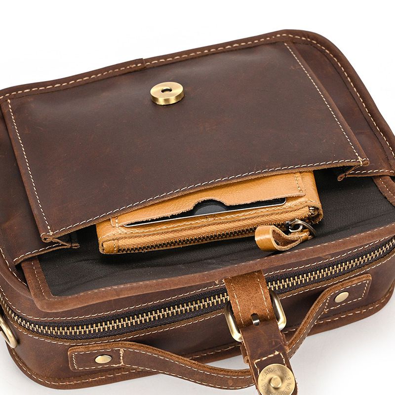 復古瘋馬皮手提包斜背包 頭層牛皮肩背包側背包 男士斜跨包手機包 新款真皮包包推薦 真皮包包