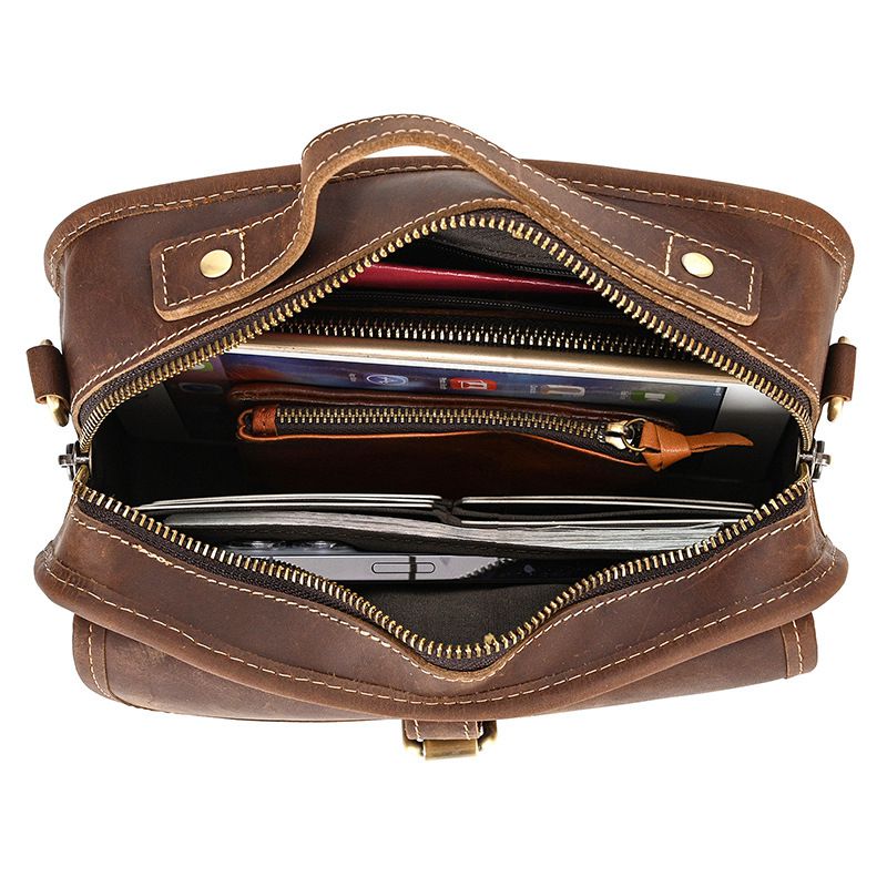 復古瘋馬皮手提包斜背包 頭層牛皮肩背包側背包 男士斜跨包手機包 新款真皮包包推薦 真皮包包