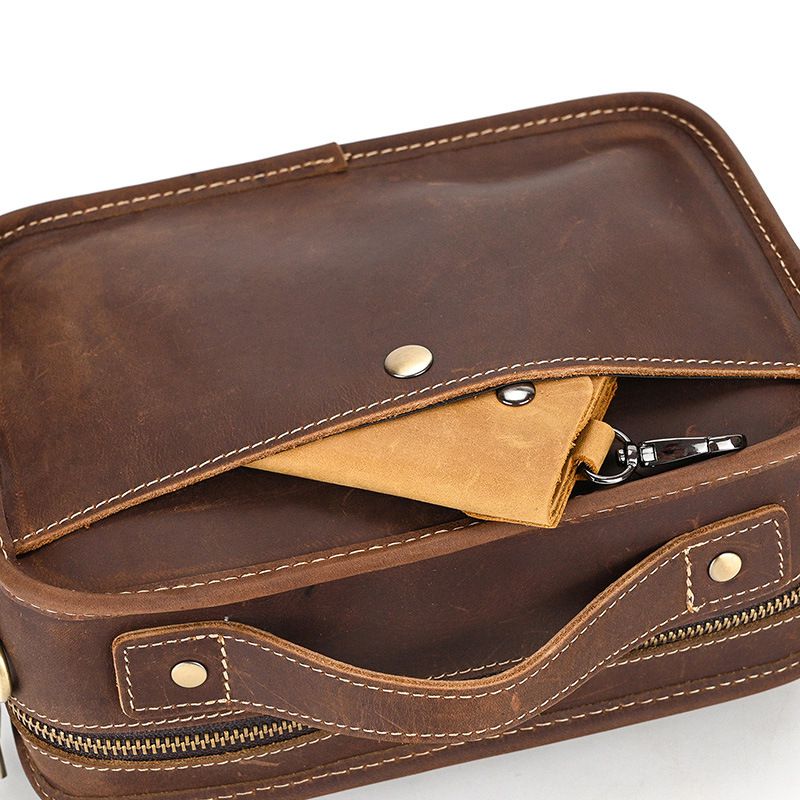 復古瘋馬皮手提包斜背包 頭層牛皮肩背包側背包 男士斜跨包手機包 新款真皮包包推薦 真皮包包