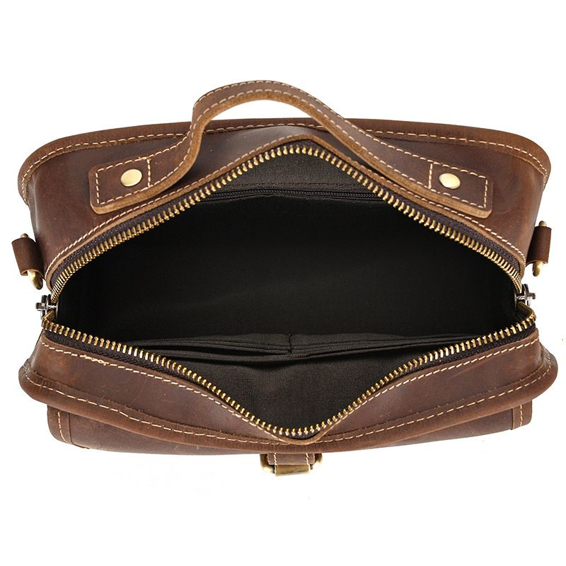 復古瘋馬皮手提包斜背包 頭層牛皮肩背包側背包 男士斜跨包手機包 新款真皮包包推薦 真皮包包