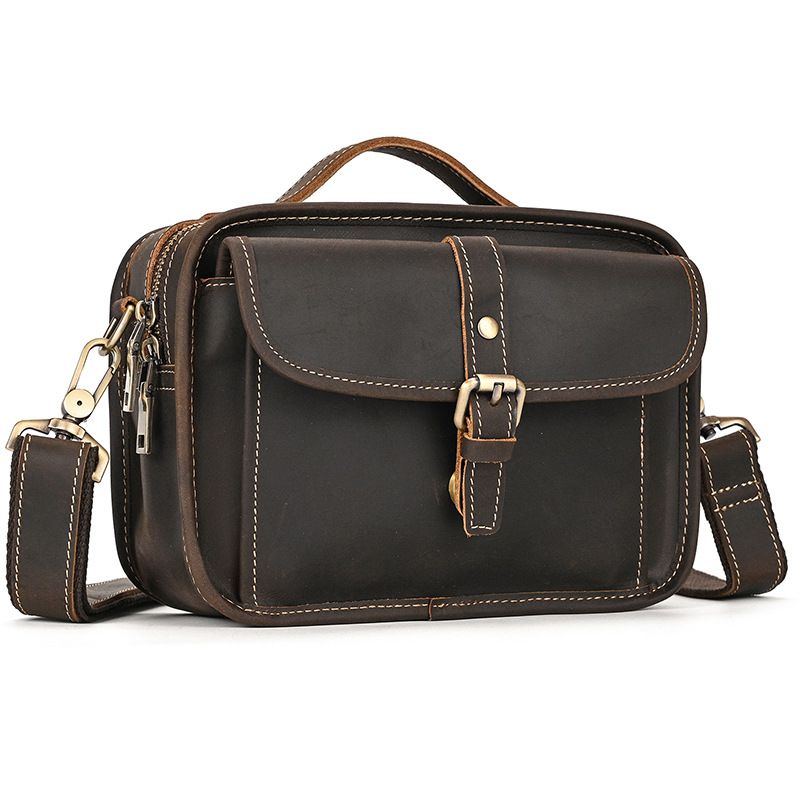 復古瘋馬皮手提包斜背包 頭層牛皮肩背包側背包 男士斜跨包手機包 新款真皮包包推薦 真皮包包