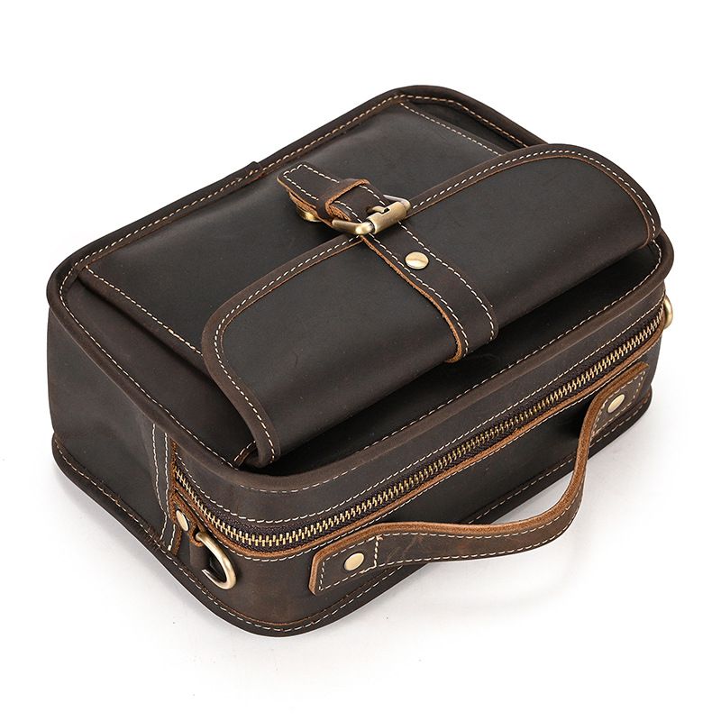 復古瘋馬皮手提包斜背包 頭層牛皮肩背包側背包 男士斜跨包手機包 新款真皮包包推薦 真皮包包