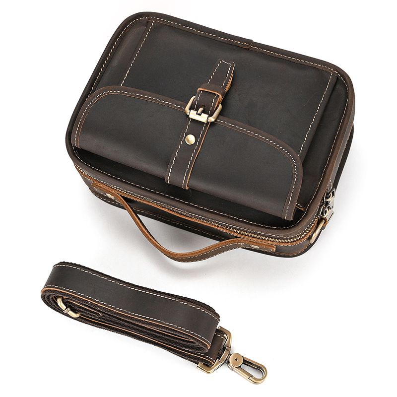 復古瘋馬皮手提包斜背包 頭層牛皮肩背包側背包 男士斜跨包手機包 新款真皮包包推薦 真皮包包