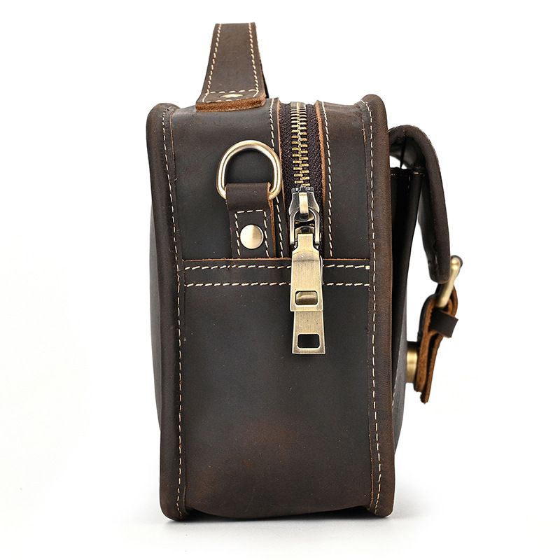 復古瘋馬皮手提包斜背包 頭層牛皮肩背包側背包 男士斜跨包手機包 新款真皮包包推薦 真皮包包