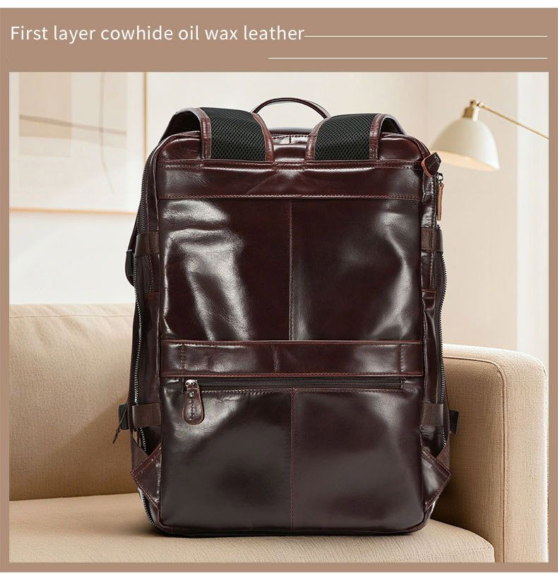 新款油蠟皮可擴容後背包 多功能真皮雙肩包 頭層牛皮休閒旅行背包 戶外大容量包包推薦 真皮包包