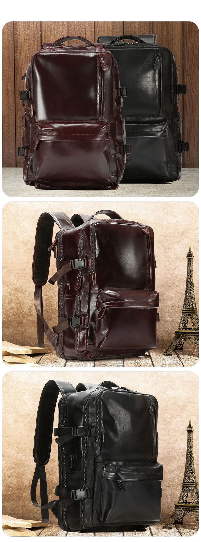 新款油蠟皮可擴容後背包 多功能真皮雙肩包 頭層牛皮休閒旅行背包 戶外大容量包包推薦 真皮包包