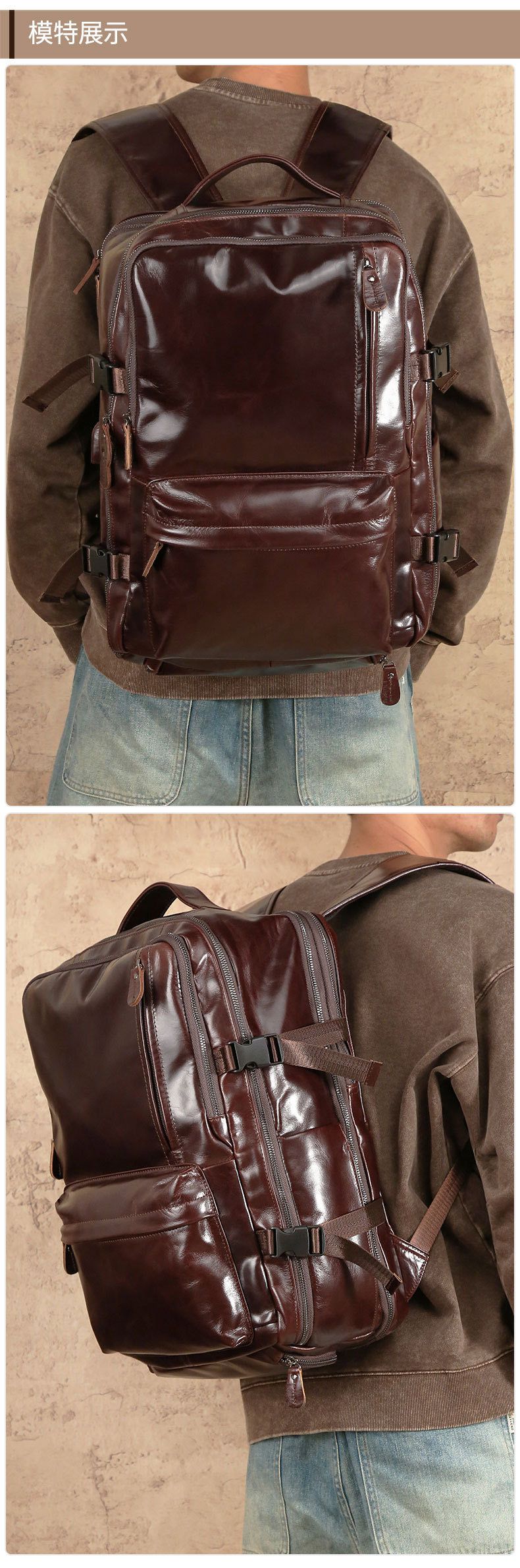 新款油蠟皮可擴容後背包 多功能真皮雙肩包 頭層牛皮休閒旅行背包 戶外大容量包包推薦 真皮包包