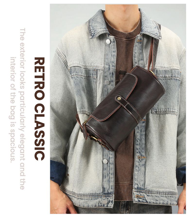 新款圓筒包 復古真皮男士斜挎包 戶外休閒大容量男包胞包肩背包 耐磨實用斜背包推薦 真皮包包