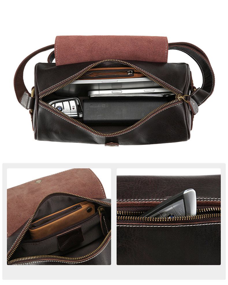 新款圓筒包 復古真皮男士斜挎包 戶外休閒大容量男包胞包肩背包 耐磨實用斜背包推薦 真皮包包