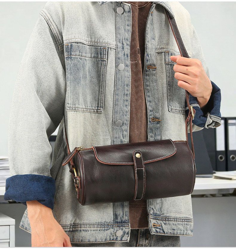 新款圓筒包 復古真皮男士斜挎包 戶外休閒大容量男包胞包肩背包 耐磨實用斜背包推薦 真皮包包