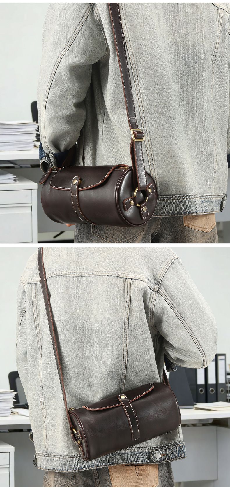 新款圓筒包 復古真皮男士斜挎包 戶外休閒大容量男包胞包肩背包 耐磨實用斜背包推薦 真皮包包