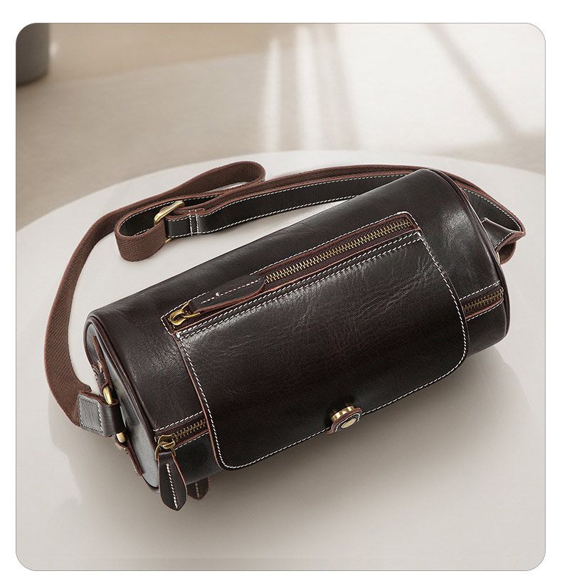 新款圓筒包 復古真皮男士斜挎包 戶外休閒大容量男包胞包肩背包 耐磨實用斜背包推薦 真皮包包