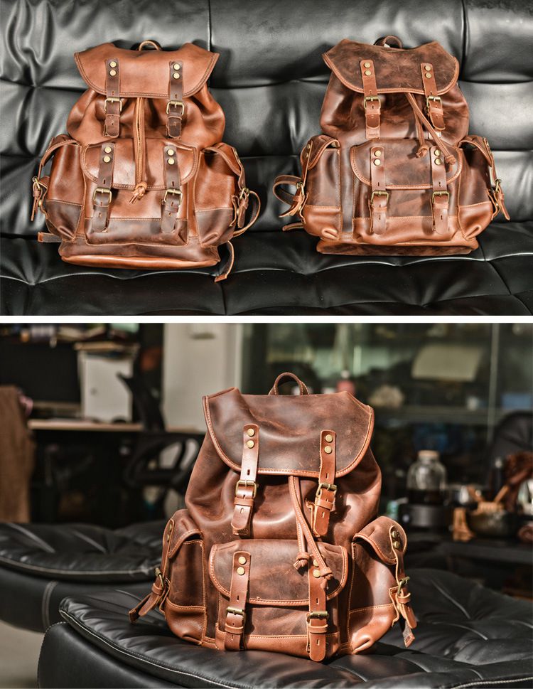 戶外瘋馬皮後背包 油蠟皮休閒新款登山包 大容量男士瘋馬皮雙肩包 歐美真皮旅行背包書包推薦 真皮包包