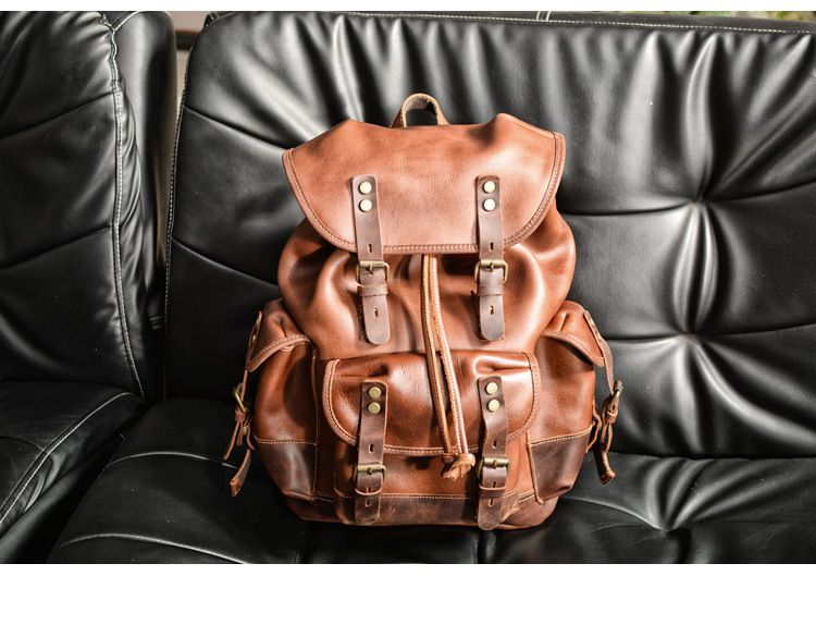 戶外瘋馬皮後背包 油蠟皮休閒新款登山包 大容量男士瘋馬皮雙肩包 歐美真皮旅行背包書包推薦 真皮包包