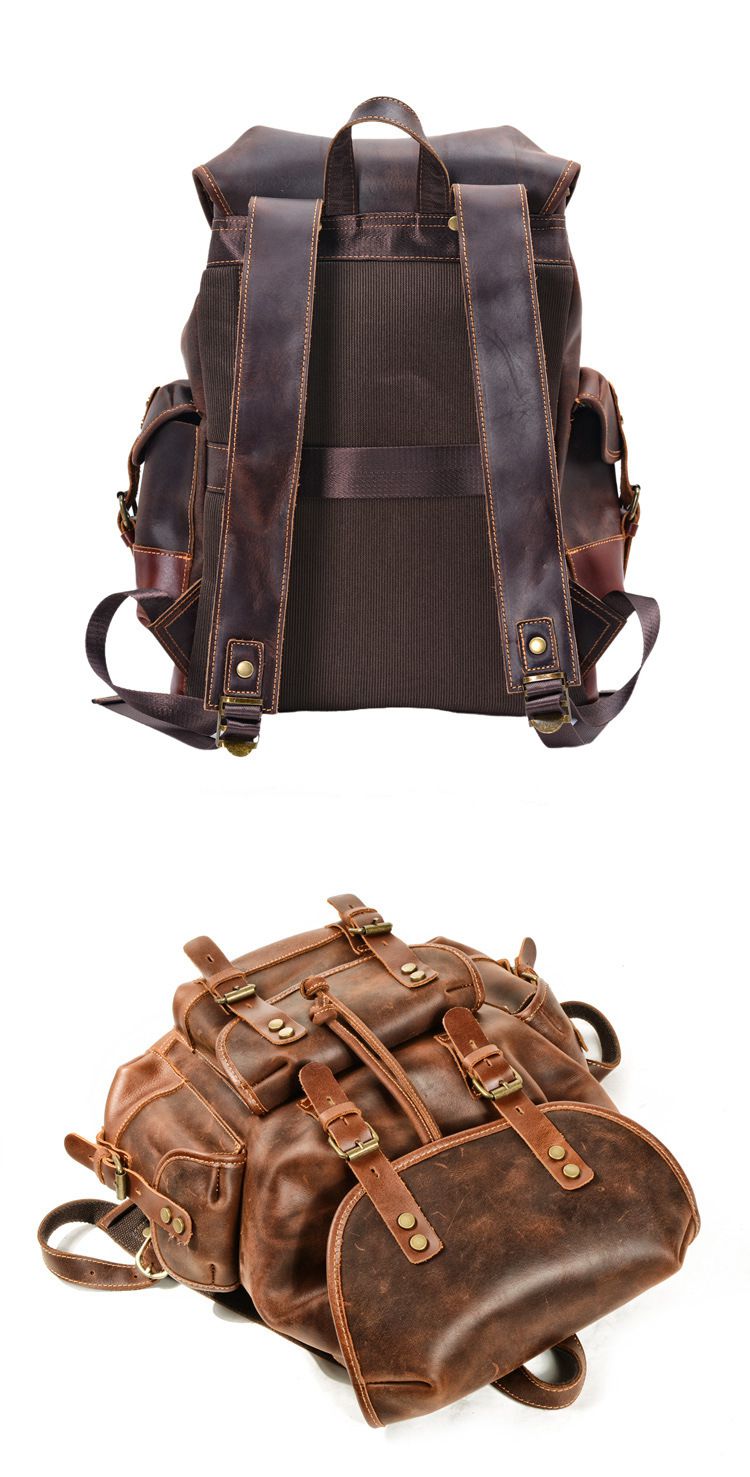 戶外瘋馬皮後背包 油蠟皮休閒新款登山包 大容量男士瘋馬皮雙肩包 歐美真皮旅行背包書包推薦 真皮包包