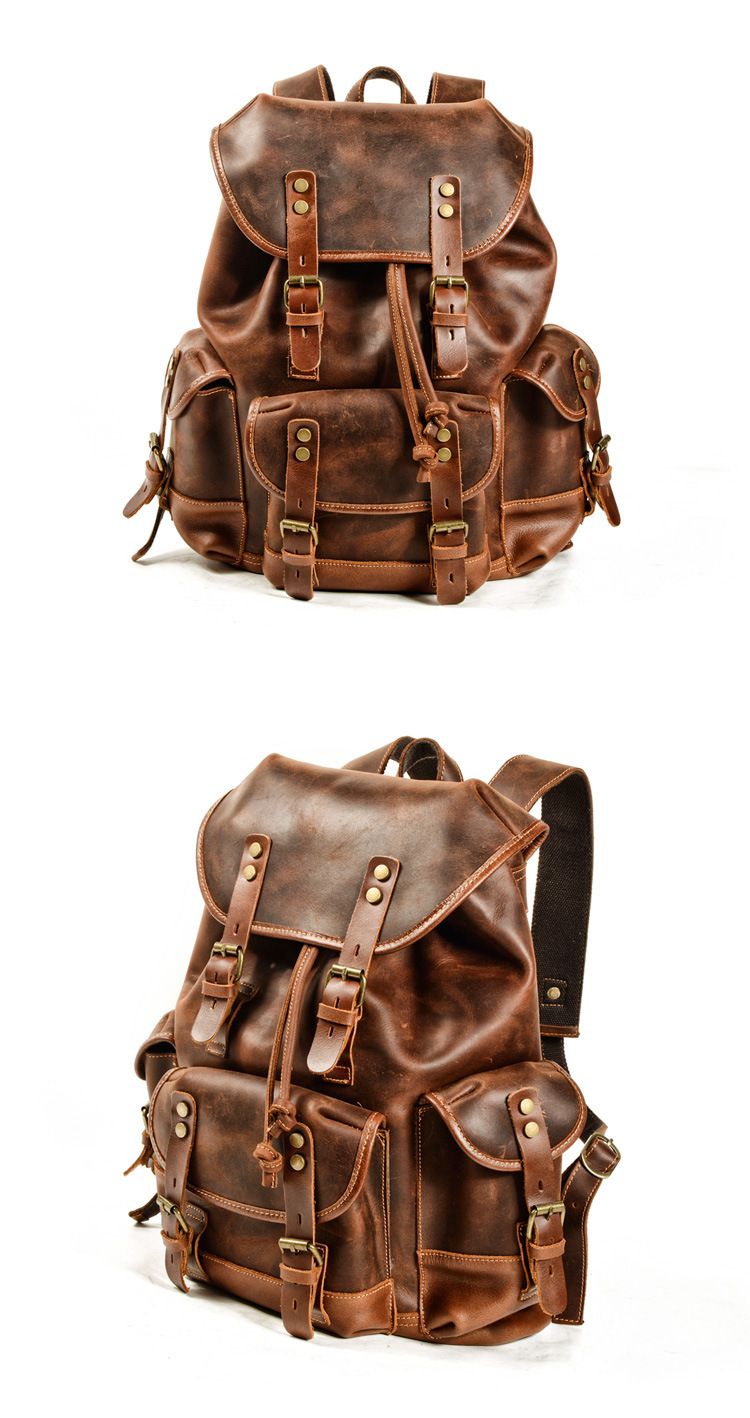 戶外瘋馬皮後背包 油蠟皮休閒新款登山包 大容量男士瘋馬皮雙肩包 歐美真皮旅行背包書包推薦 真皮包包