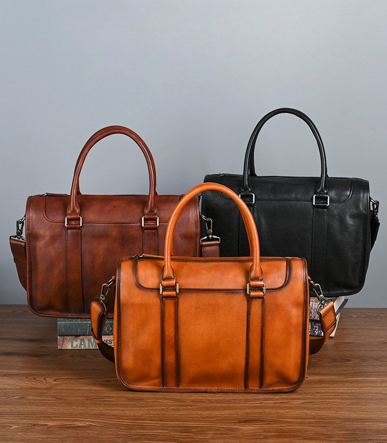 大容量頭層牛皮商務公文包 通勤電腦包手提包 手工擦色復古包包斜背包 真皮公事包推薦 真皮包包