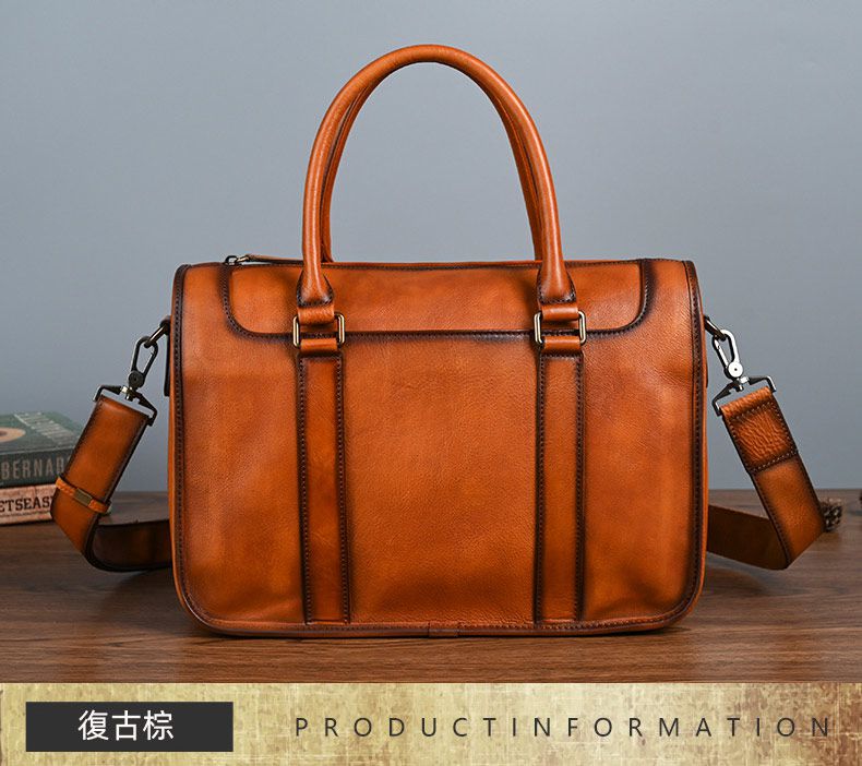 大容量頭層牛皮商務公文包 通勤電腦包手提包 手工擦色復古包包斜背包 真皮公事包推薦 真皮包包