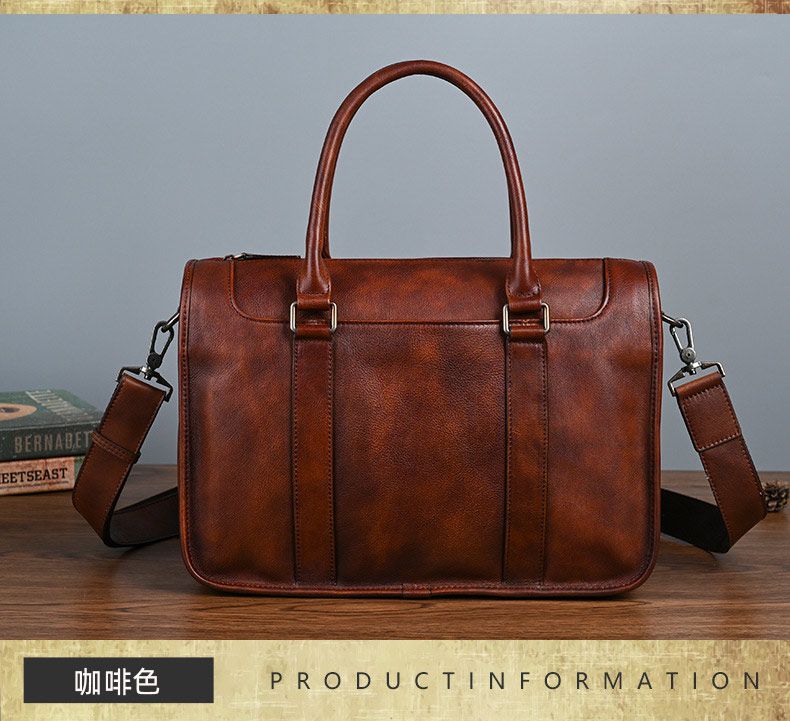大容量頭層牛皮商務公文包 通勤電腦包手提包 手工擦色復古包包斜背包 真皮公事包推薦 真皮包包