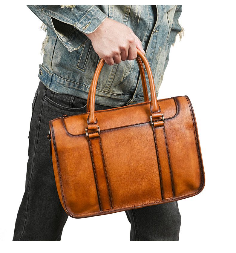 大容量頭層牛皮商務公文包 通勤電腦包手提包 手工擦色復古包包斜背包 真皮公事包推薦 真皮包包