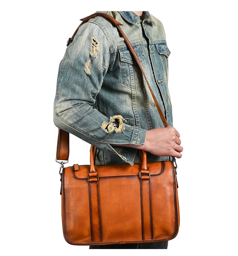 大容量頭層牛皮商務公文包 通勤電腦包手提包 手工擦色復古包包斜背包 真皮公事包推薦 真皮包包