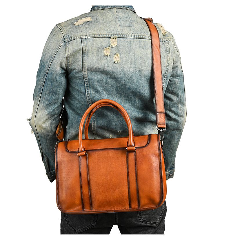 大容量頭層牛皮商務公文包 通勤電腦包手提包 手工擦色復古包包斜背包 真皮公事包推薦 真皮包包