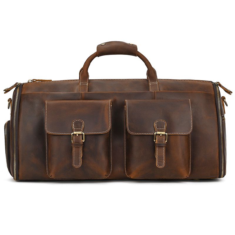 復古大容量旅行包運動健身包 瘋馬皮手提包手袋 頭層牛皮行李箱包 真皮斜背旅行袋推薦 真皮包包