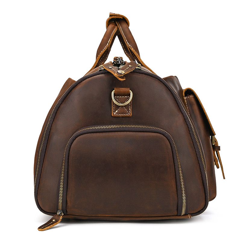 復古大容量旅行包運動健身包 瘋馬皮手提包手袋 頭層牛皮行李箱包 真皮斜背旅行袋推薦 真皮包包