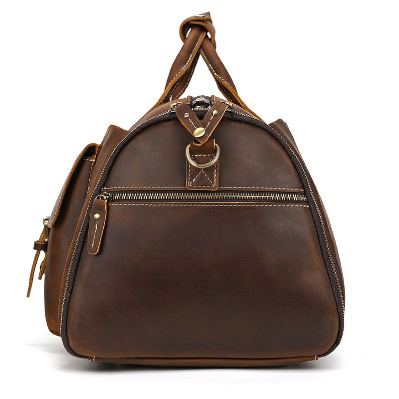 復古大容量旅行包運動健身包 瘋馬皮手提包手袋 頭層牛皮行李箱包 真皮斜背旅行袋推薦 真皮包包