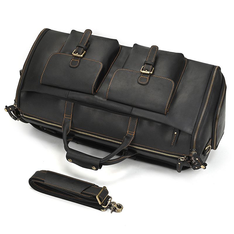 復古大容量旅行包運動健身包 瘋馬皮手提包手袋 頭層牛皮行李箱包 真皮斜背旅行袋推薦 真皮包包