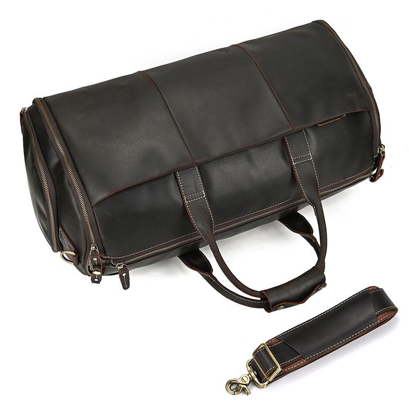 復古大容量旅行包運動健身包 瘋馬皮手提包手袋 頭層牛皮行李箱包 真皮斜背旅行袋推薦 真皮包包