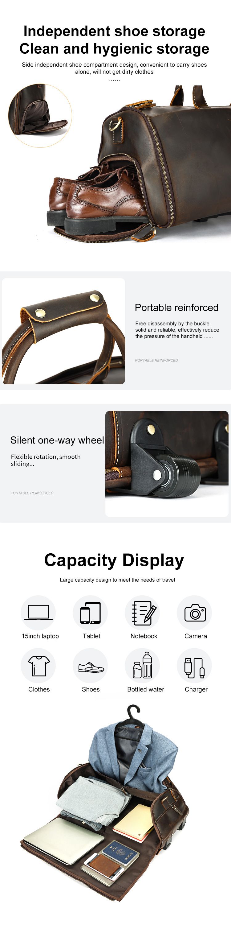 復古大容量帶滑輪瘋馬皮旅行包 男式拉杆箱旅行手袋 頭層牛皮西裝包手提包帶鞋倉商務出差行李包推薦 真皮包包
