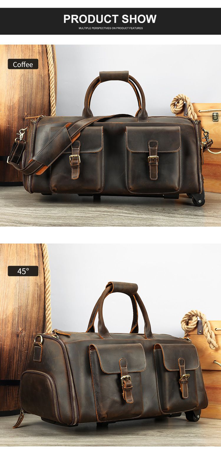 復古大容量帶滑輪瘋馬皮旅行包 男式拉杆箱旅行手袋 頭層牛皮西裝包手提包帶鞋倉商務出差行李包推薦 真皮包包