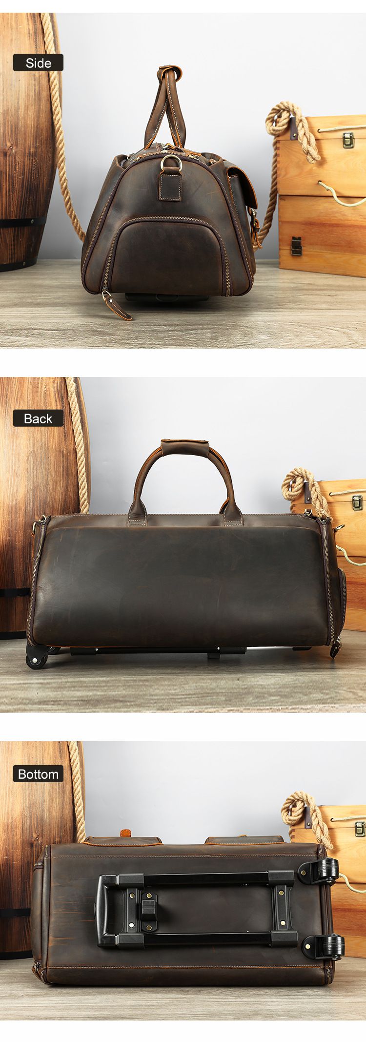 復古大容量帶滑輪瘋馬皮旅行包 男式拉杆箱旅行手袋 頭層牛皮西裝包手提包帶鞋倉商務出差行李包推薦 真皮包包
