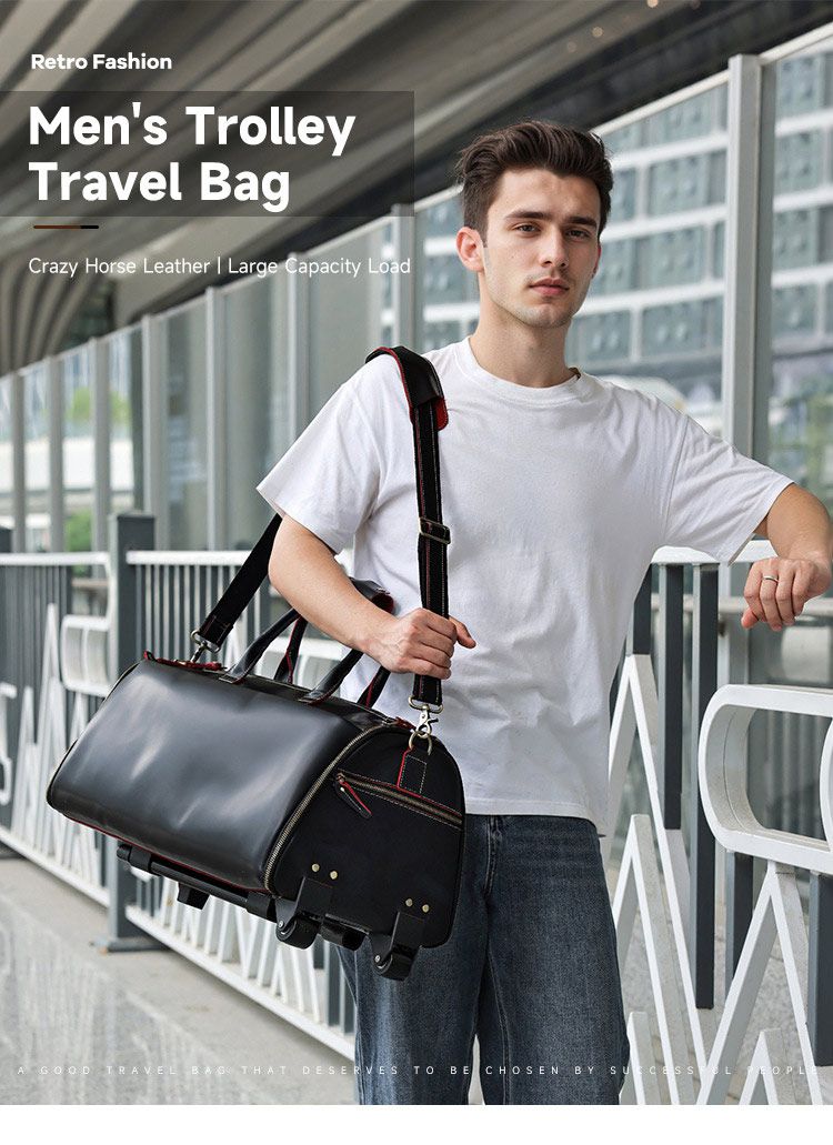 復古大容量帶滑輪瘋馬皮出差旅行包 高檔男士手提包旅行袋 新款手袋大容量商務出行行李袋西裝包推薦 真皮包包