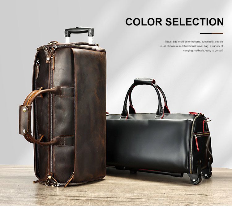 復古大容量帶滑輪瘋馬皮出差旅行包 高檔男士手提包旅行袋 新款手袋大容量商務出行行李袋西裝包推薦 真皮包包
