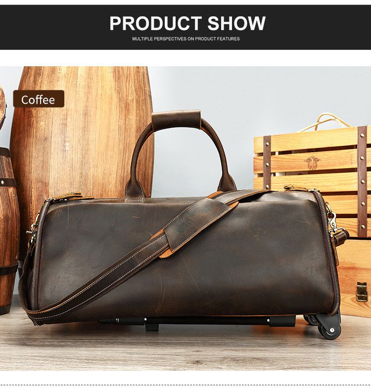 復古大容量帶滑輪瘋馬皮出差旅行包 高檔男士手提包旅行袋 新款手袋大容量商務出行行李袋西裝包推薦 真皮包包